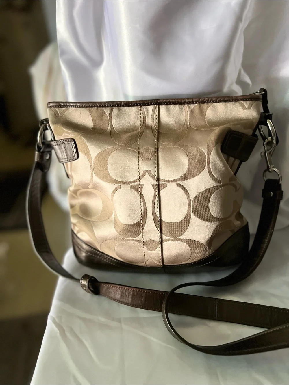 Coach Khaki Signature Jacquard Crossbody with Chocolate Leather Trim